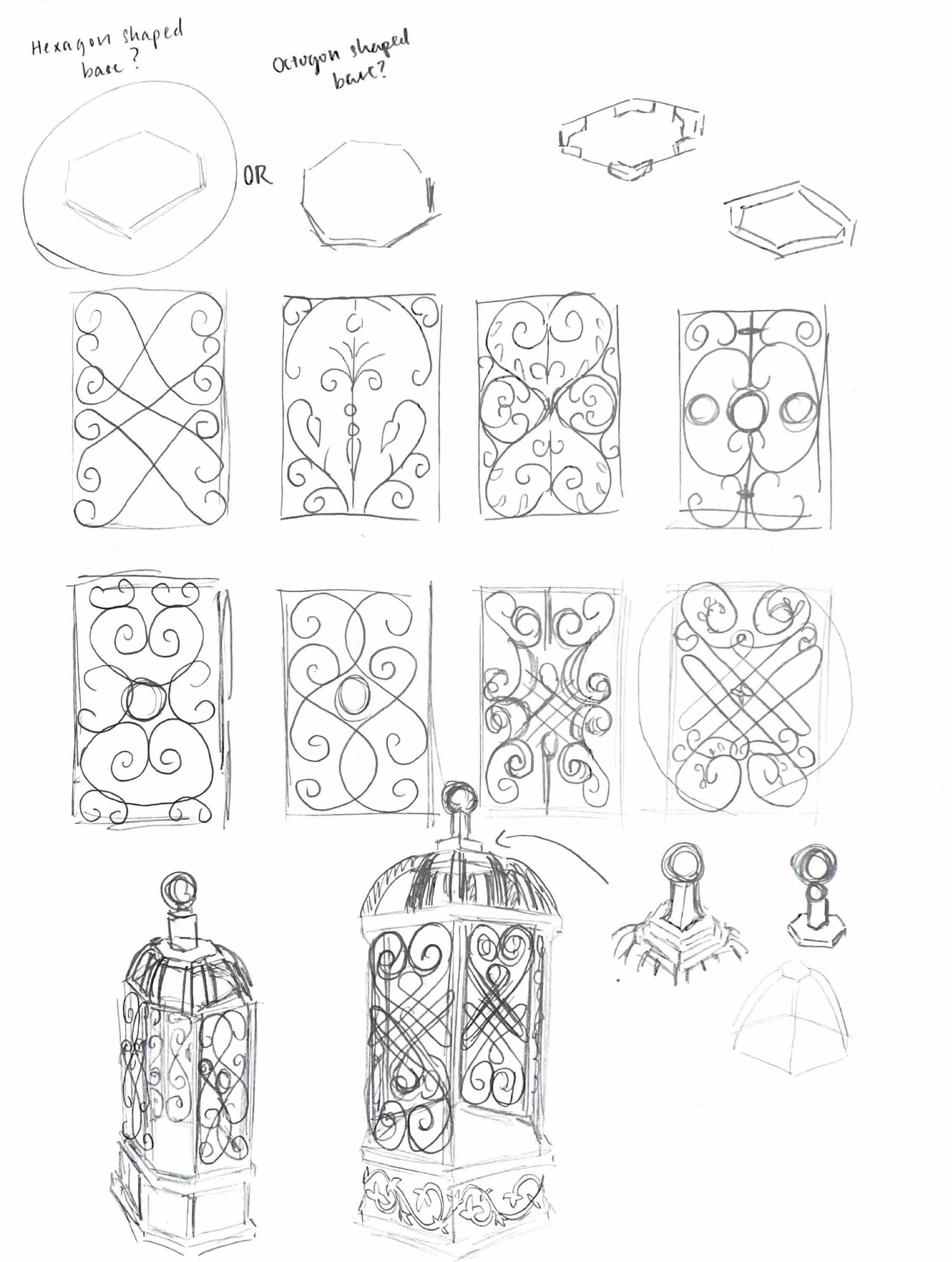 Hand-drawn sketches of decorative metalwork designs, including hexagon and octagon shaped bases, ornate window panels with swirling patterns, and a detailed domed structure with intricate wrought ironwork, all labeled with notes comparing hexagon and octagon shapes.