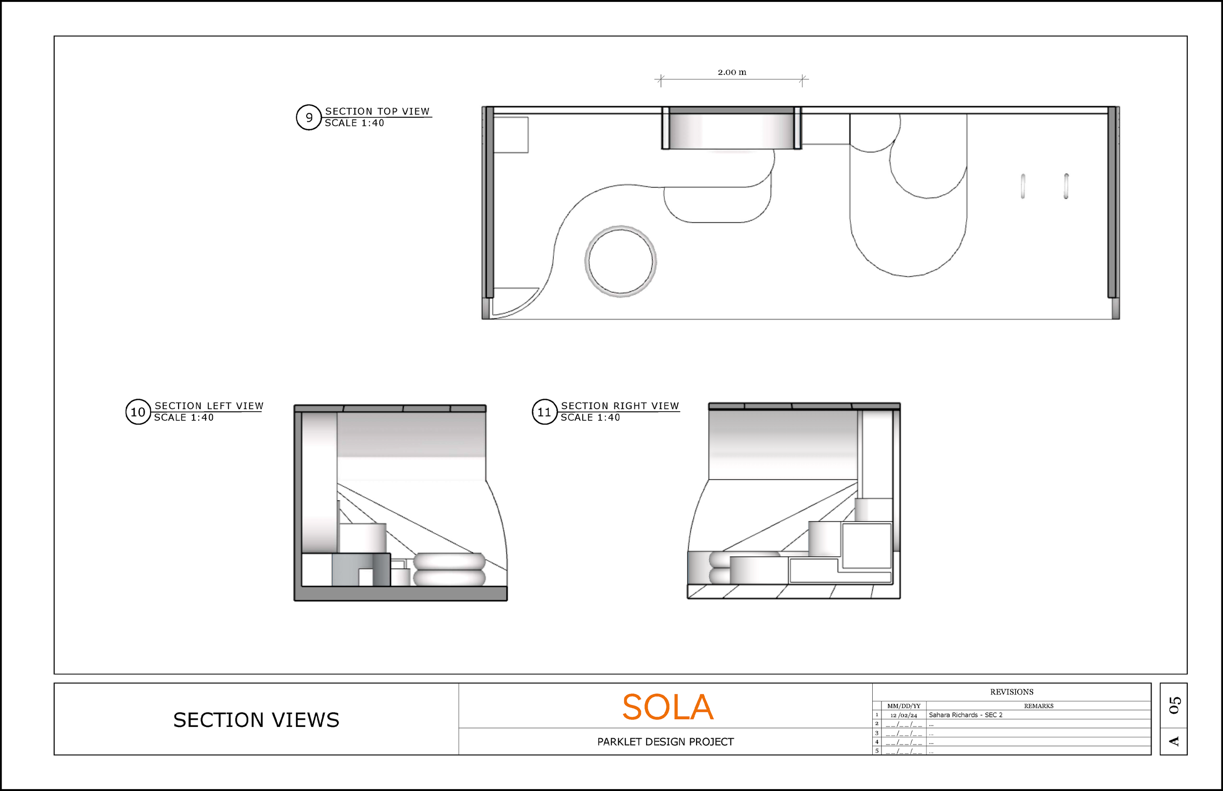Architectural blueprint of a parklet design project, showing top and section views with measurements and detailed interior layouts.