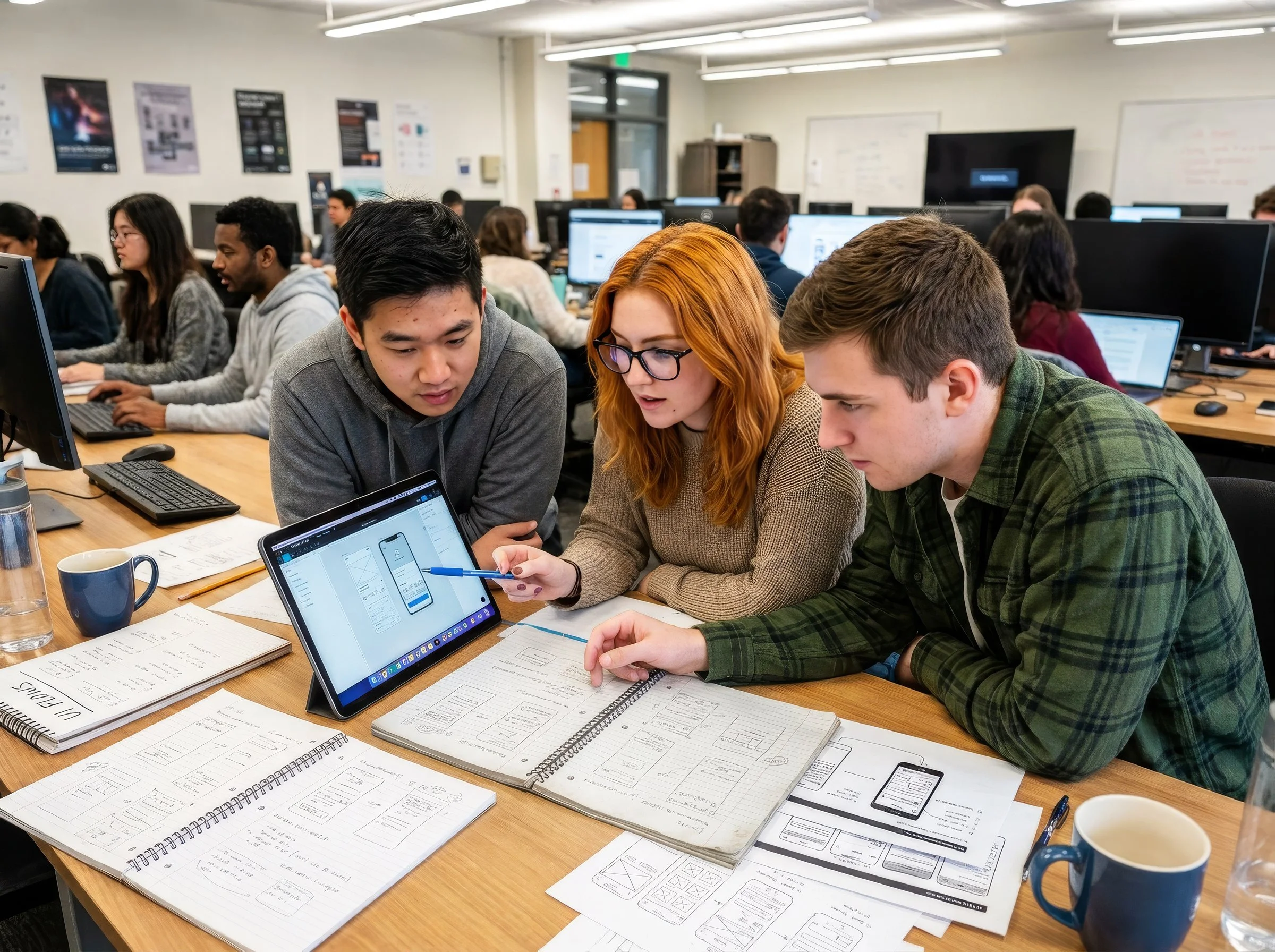Students reviewing app wireframes on a tablet in a design studio
