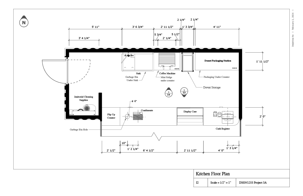 Kitchen floor plan with dimensions, including a doorway, cleaning supplies area, bread packaging station, beverage station, and display case.