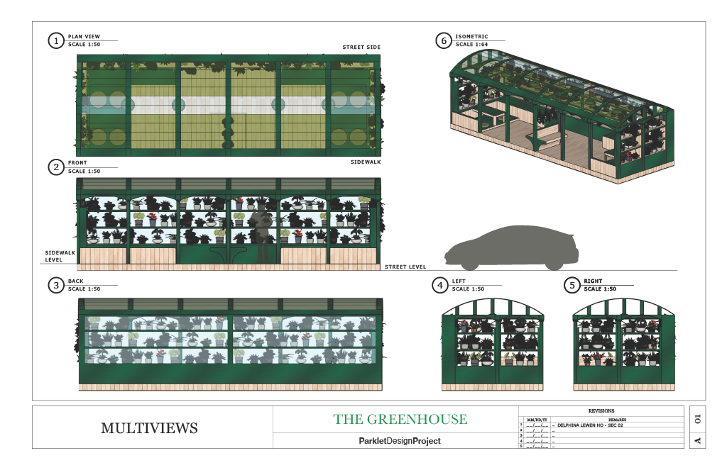 Architectural blueprint of a greenhouse, showing plan view, front, back, left, right, and isometric perspectives. The greenhouse contains multiple shelves with plants and gardening tools, with a car silhouette for scale.