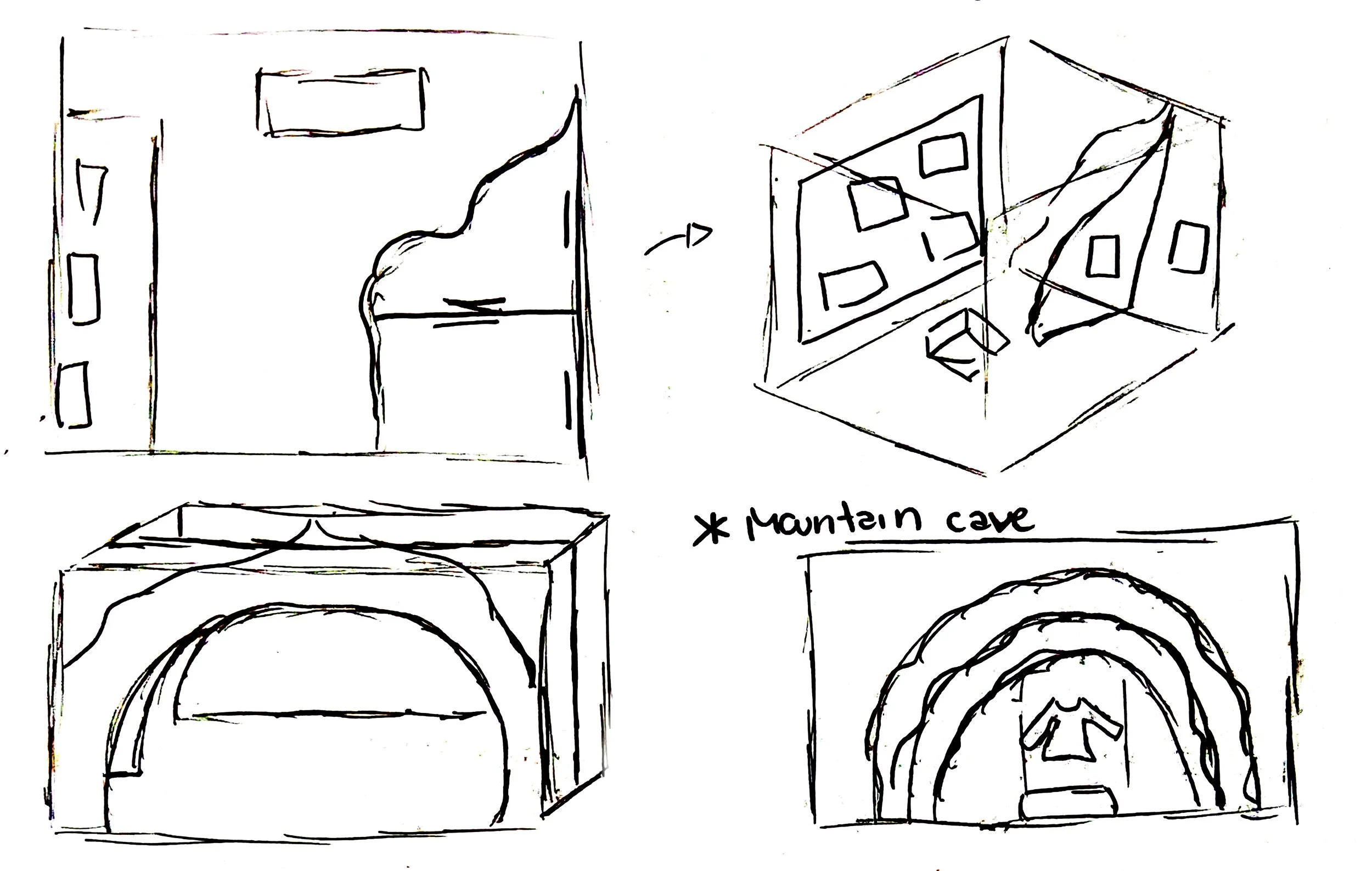 Sketches of laundry appliances, including a washing machine and a dryer, with a note mentioning a mountain cave.