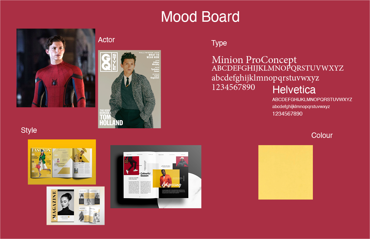 A digital mood board featuring images of actors, fashion styles, typography samples, and color swatches on a red background.