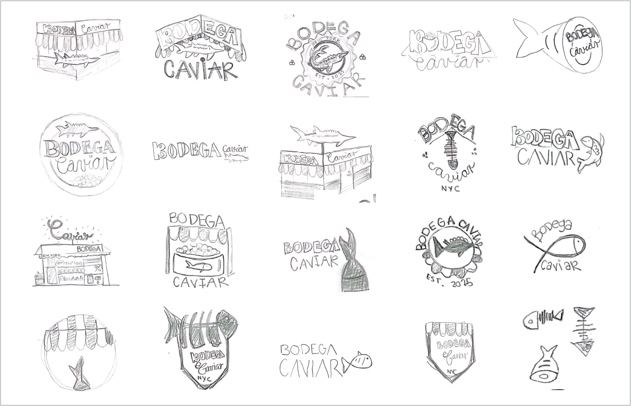 A collection of hand-drawn sketches and logos for Bodega Caviar, featuring fish, caviar, and related seafood imagery.