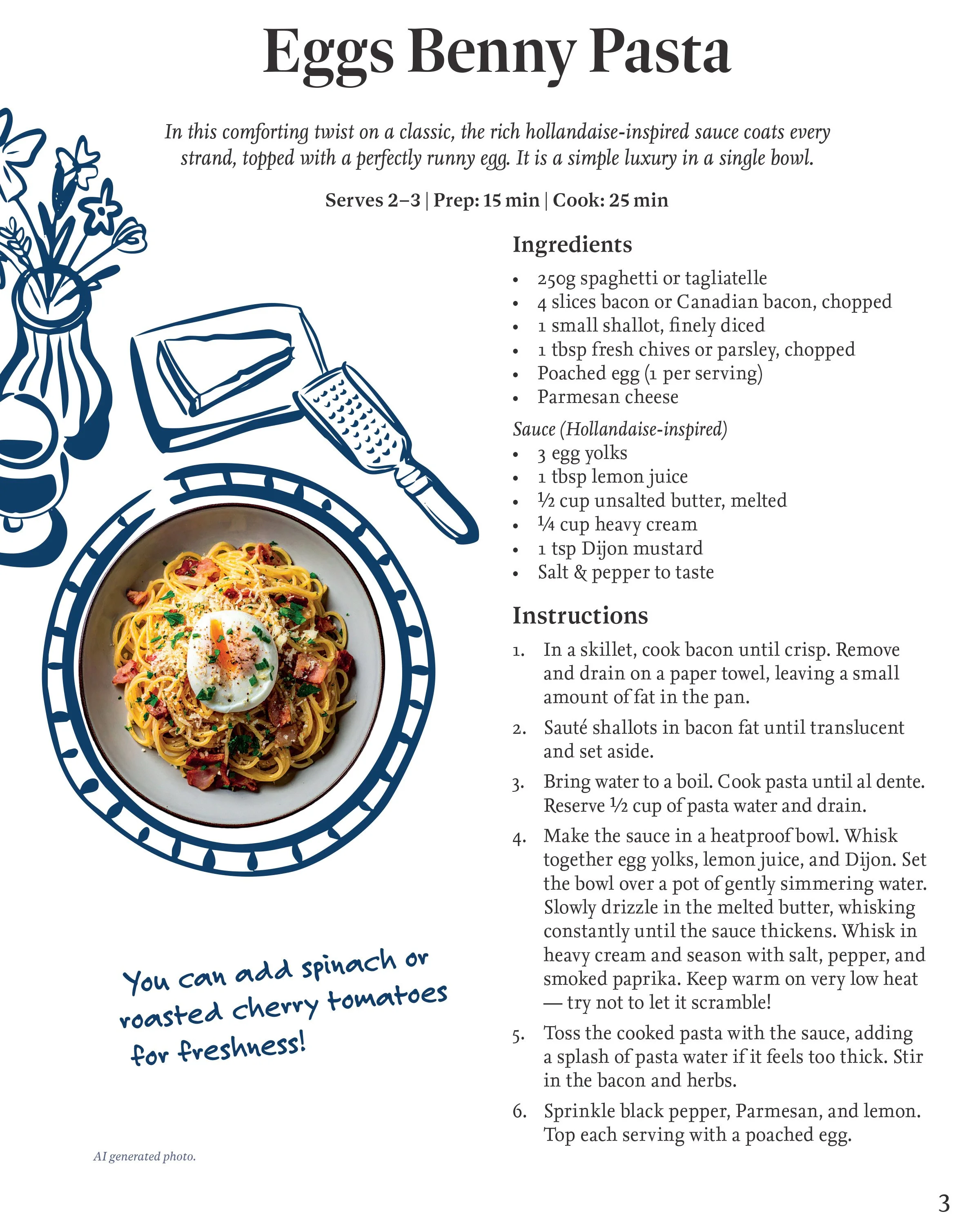 Recipe for Eggs Benny Pasta with ingredients, instructions, and a photo of the finished dish topped with a poached egg, bacon, and garnishes.