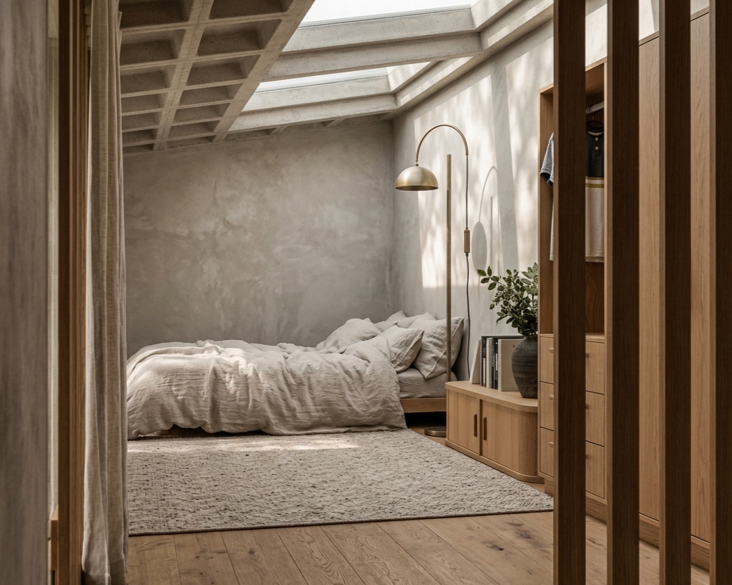 A cozy bedroom with a sloped ceiling and large skylight, featuring a bed with light-colored bedding, a wooden sideboard with books and a large potted plant, and a tall arched floor lamp.