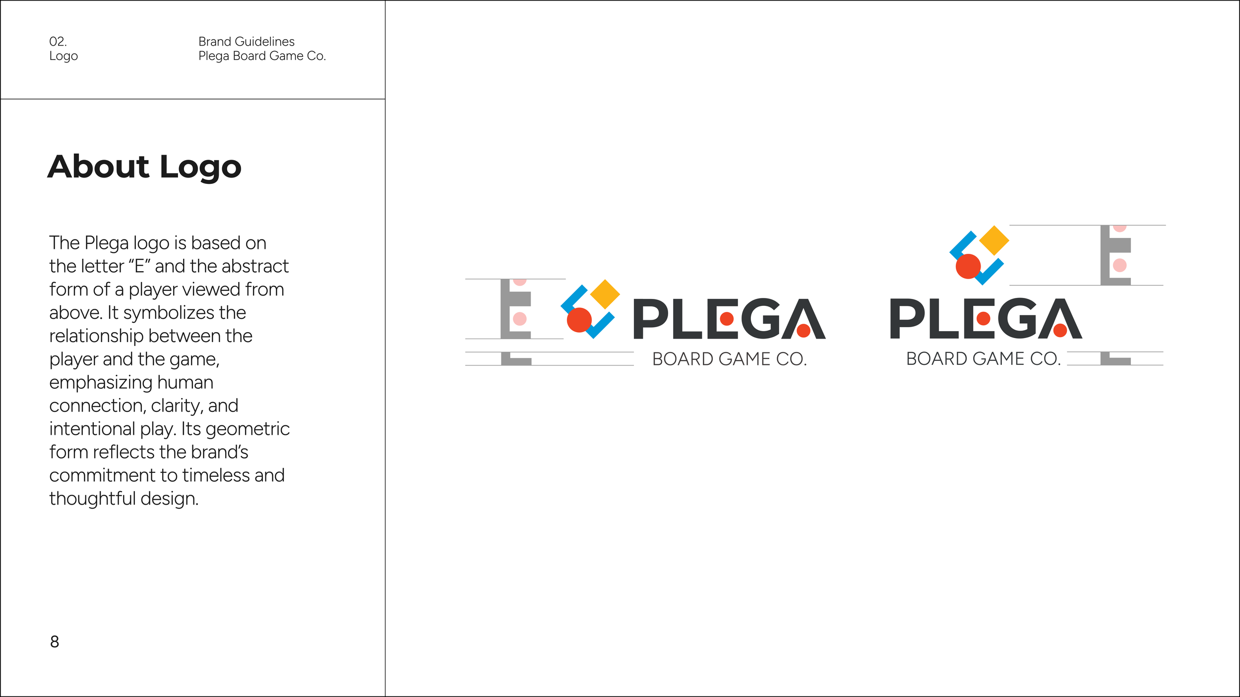 Page from a brand guidelines document showing the logo and about section for Plega Board Game Co. The logo features geometric shapes that form the letter E, with the company's name 'PLEGA' in bold black letters and a red dot above the letter A. The description explains the logo's design inspired by the letter E and a player's abstract form from above.