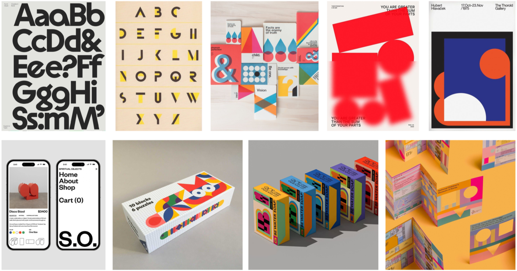 A collage of various graphic design projects including alphabet posters, color and shape illustrations, product packaging, mobile app mockups, and colorful print materials with abstract and geometric designs.