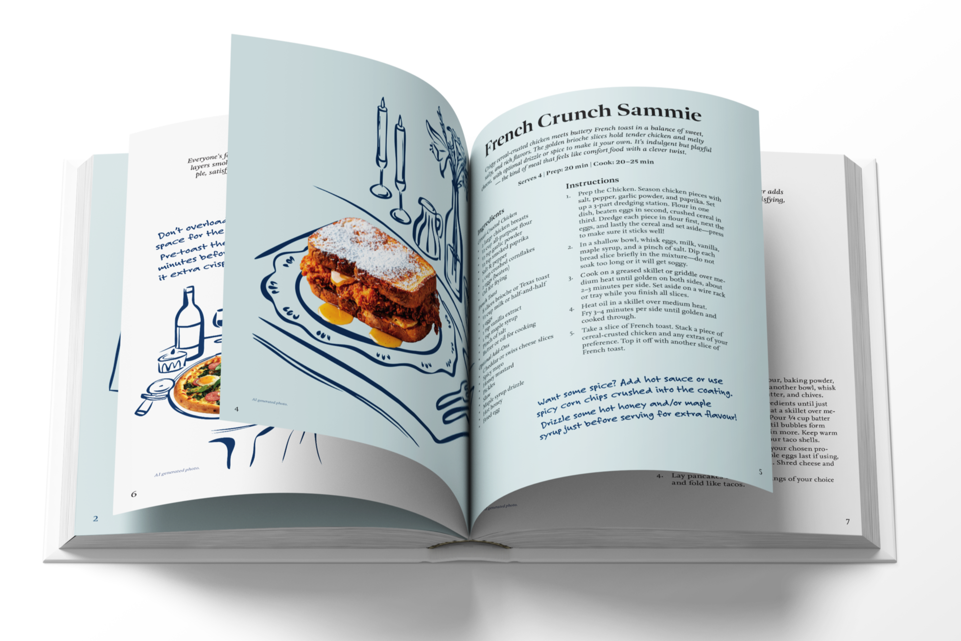 Open cookbook showing a recipe for French Crunch Sammie with a photo illustration of a fried chicken sandwich with sauce, and a drawing of utensils.