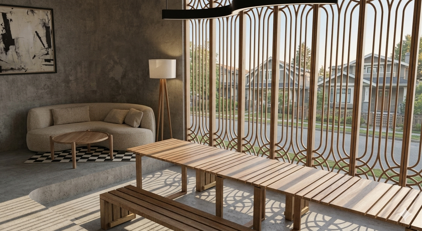 Modern living room with a beige sofa, a wooden coffee table, and a tall floor lamp. Large window with decorative wooden grille panels, allowing natural light to fill the room.