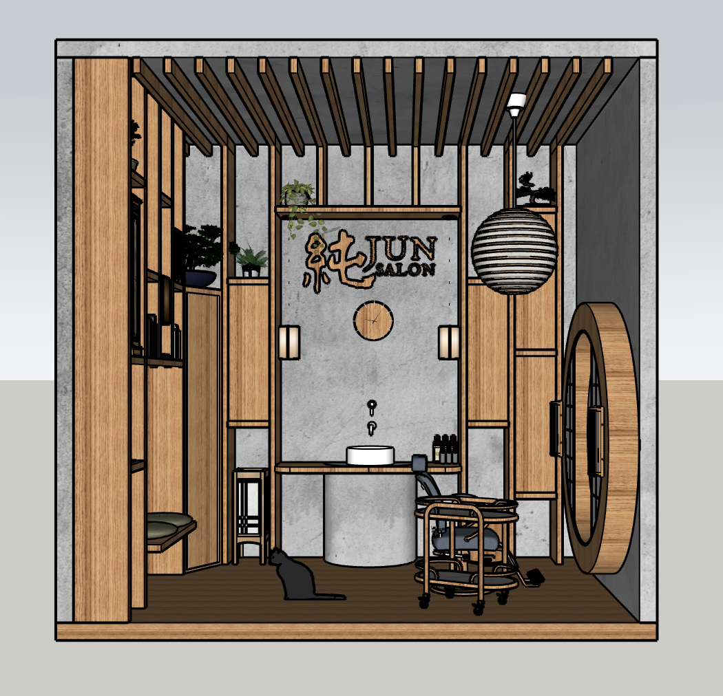 Interior of a modern salon with wooden accents, plants, a large circular mirror, a desk with a stool, a hanging lantern, and a black cat sitting on the floor.