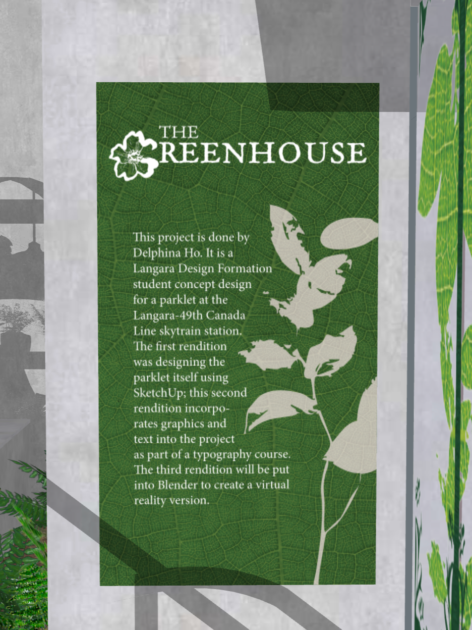 Sign titled "The Greenhouse" describing a student project about designing a parklet at a Canada Line Skytrain station, featuring leaf and butterfly graphics.
