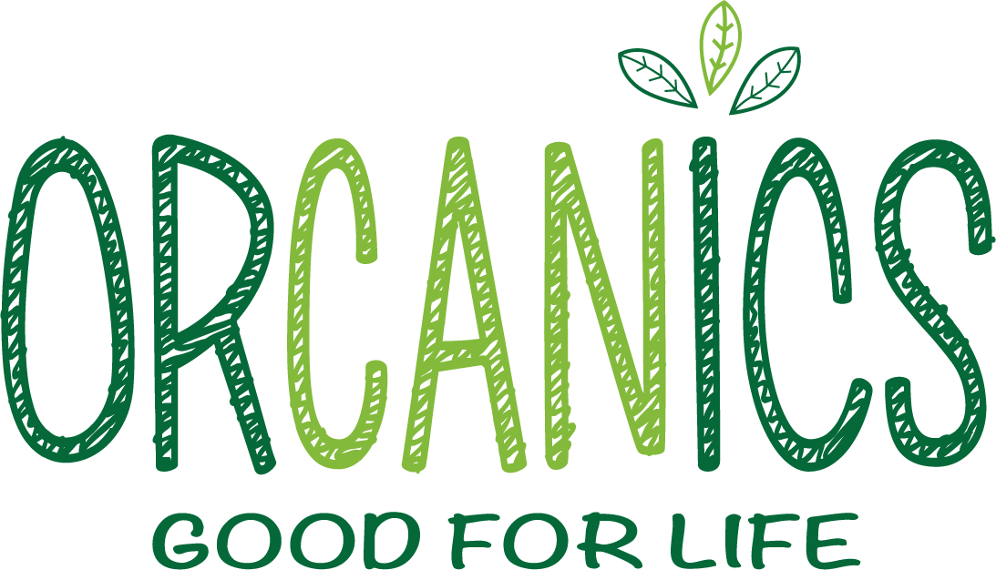 Decorative logo with the word "ORGANICS" in large, stylized green letters and "GOOD FOR LIFE" in smaller green letters below, with a small illustration of three leaves above the letter "I" in "ORGANICS."