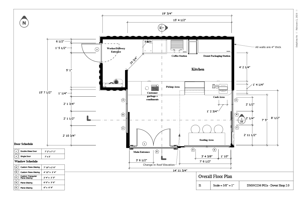 A detailed architectural floor plan of a donut shop, including labeled sections such as the main entrance, kitchen, customer seating area, cashier area, pickup area, and various stations for coffee and donut packaging, with dimensions and wall thickness noted.