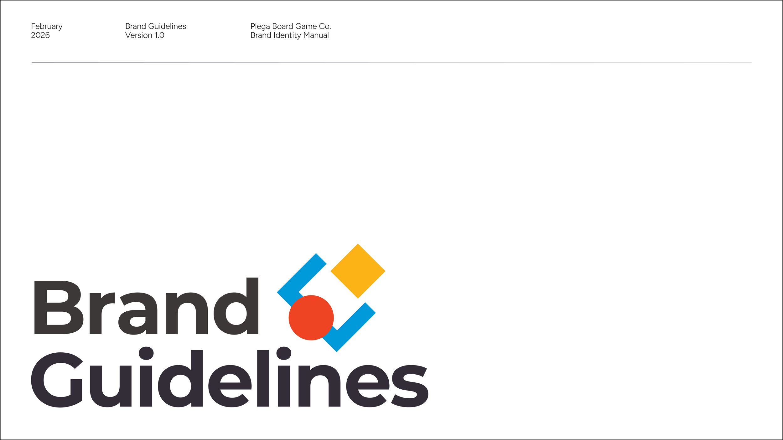 Cover page of the Brand Guidelines manual by Plega Board Game Co., dated February 2026, Version 1.0, featuring the company's logo with colorful shapes.