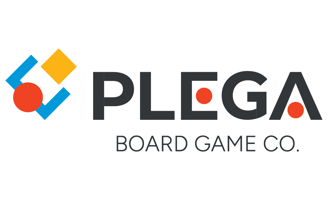 Logo of PLEGA Board Game Co. featuring geometric shapes and stylized text.