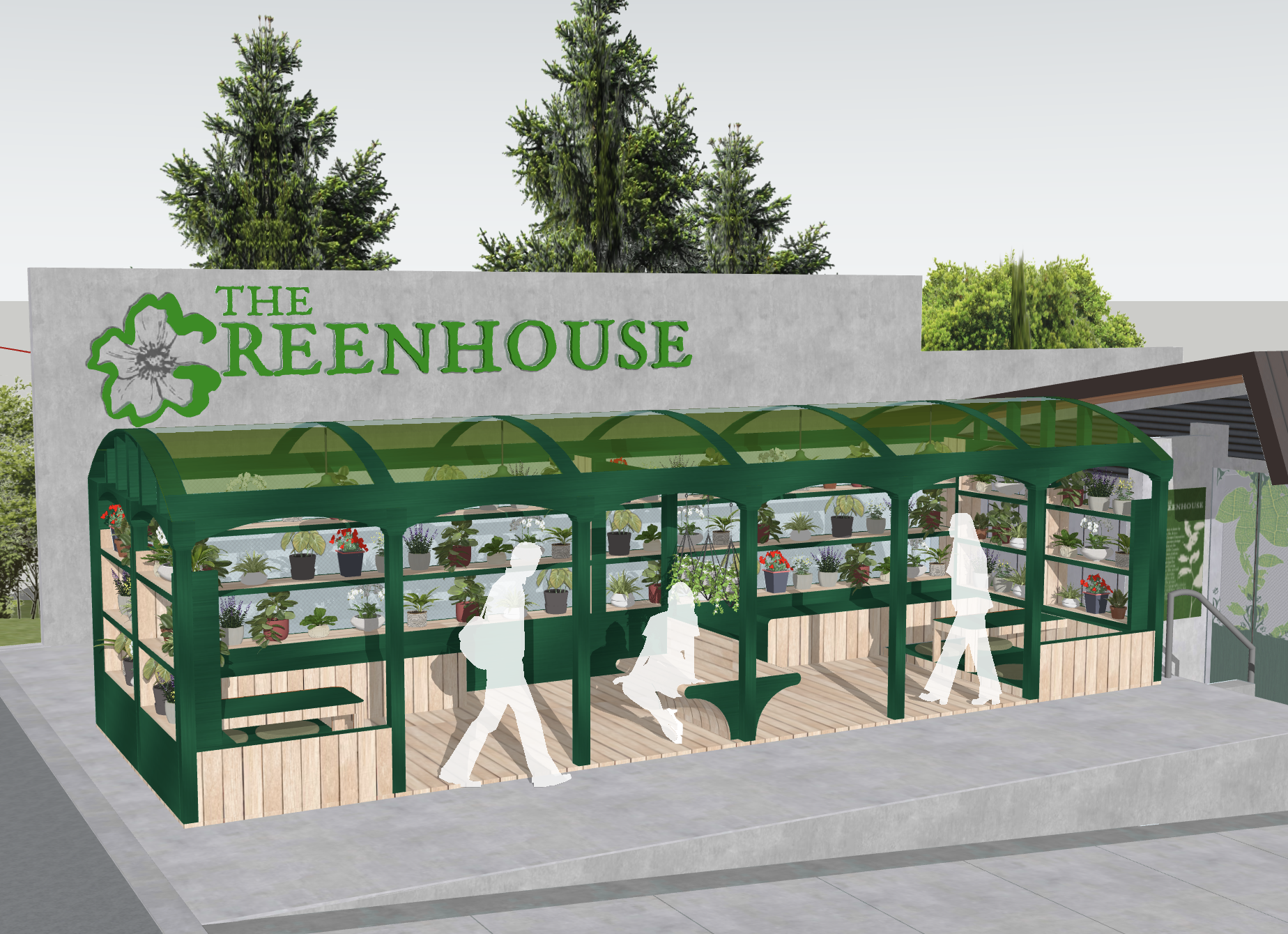 Rendering of a greenhouse with a sign reading "The Greenhouse" in green letters, and an illustration of a flower. The greenhouse has a curved glass roof and shelves with potted plants, and silhouettes of people walking nearby.