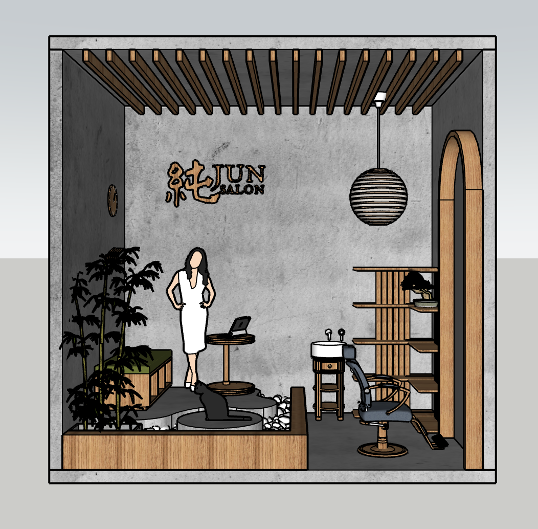 Illustration of a modern Asian-style salon interior with a woman standing near a small sitting area, salon equipment, wooden shelving, wall decor, and a hanging lantern light.