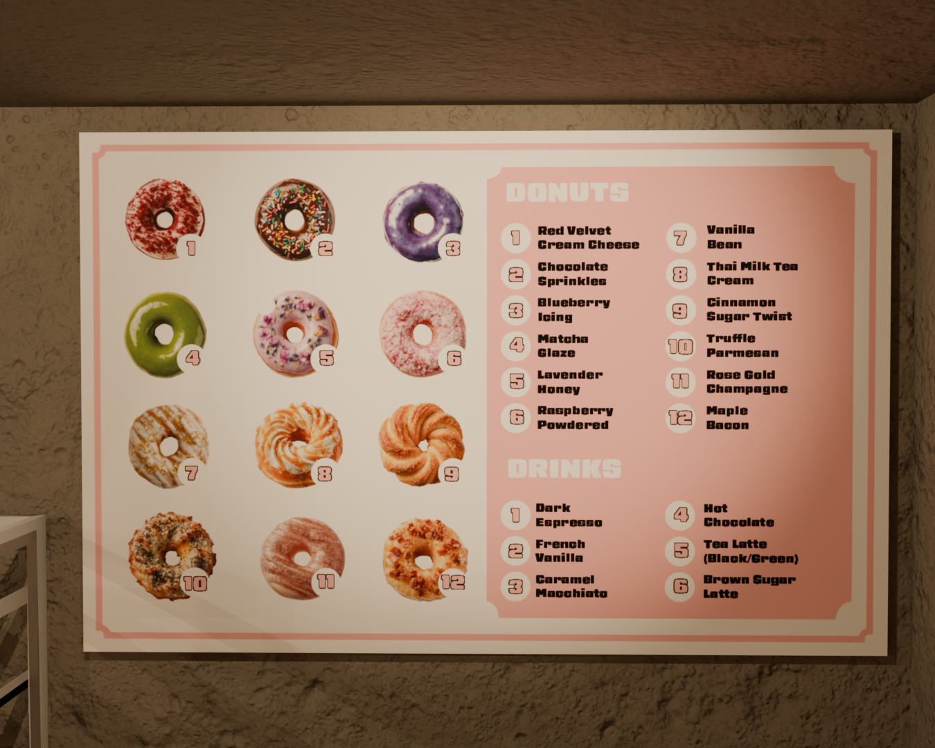 A menu displaying images of twelve different donuts on the left, with a list of donut flavors numbered 1 to 12 and drink options numbered 1 to 6 on the right side.
