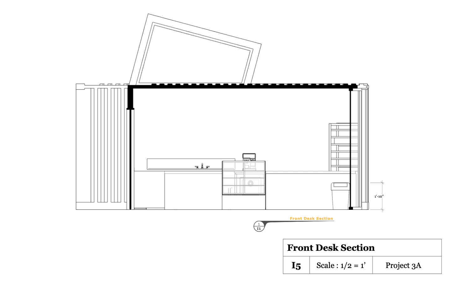 Architectural drawing of a front desk section in a building with a slanted roof, sink, cabinet, and shelving.
