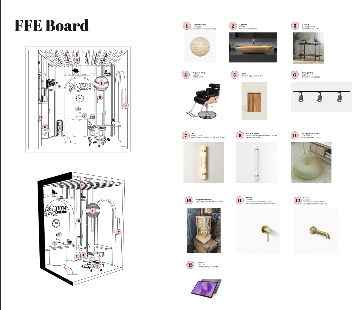 Blueprint and actual interior view of a salon named FUJUN SALON, with numbered labels indicating various furniture and decor items such as a paper lantern, sink, shelving unit, styling chair, trash can, lighting fixtures, and seating area.