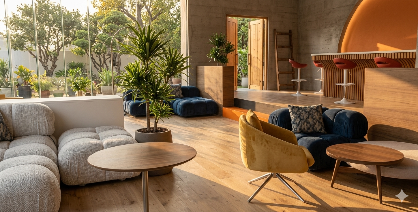 Interior of a modern lounge area with large floor-to-ceiling windows, various sofas and chairs in neutral and dark colors, potted plants, and a wooden bar counter with barstools, illuminated by warm lighting.