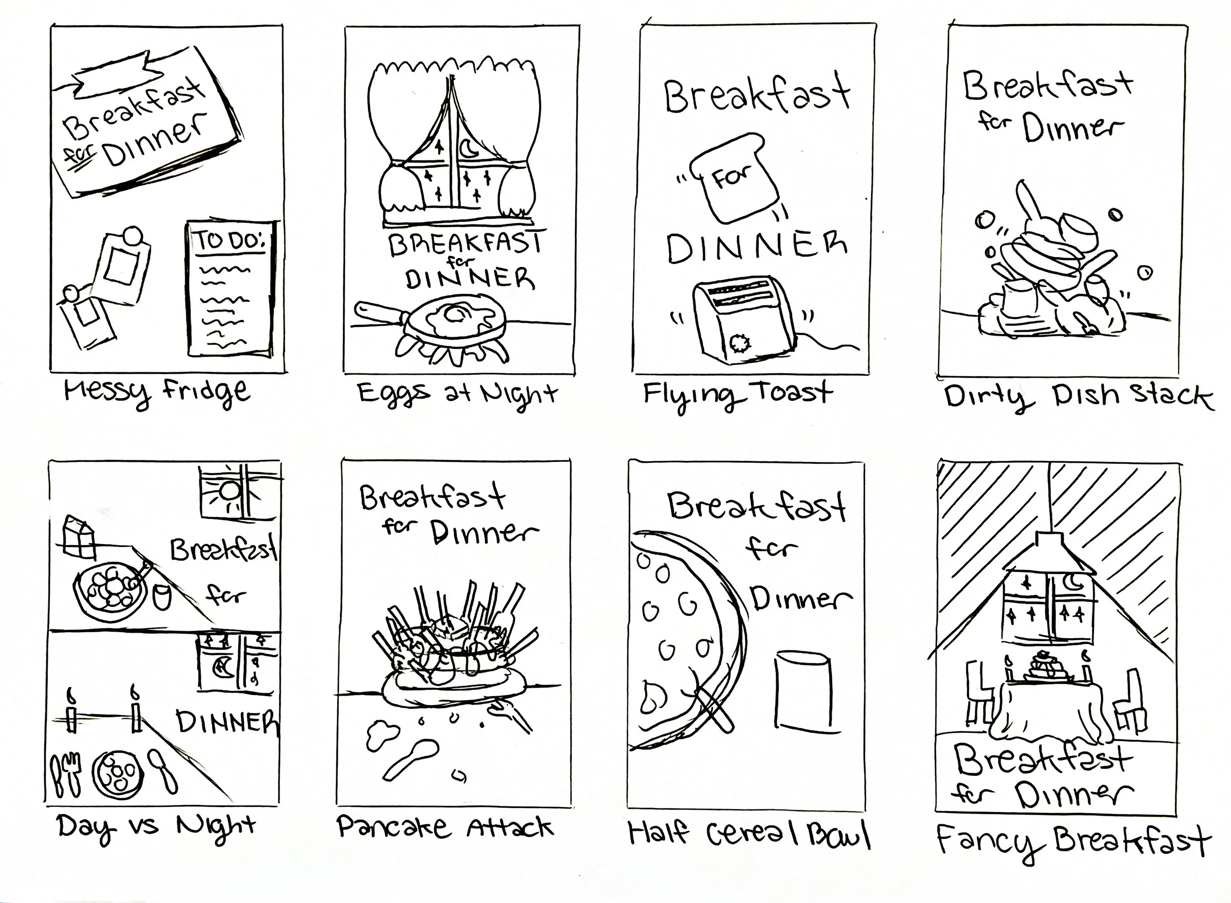 A comic strip-style drawing with six panels illustrating breakfast themes. The panels feature sketches of various breakfast scenes, including messy fridge, eggs at night, flying toast, dirty dish stack, pancakes attack, half cereal bowl, and fancy breakfast. The drawings are simple and hand-drawn, with each panel labeled with humorous titles.