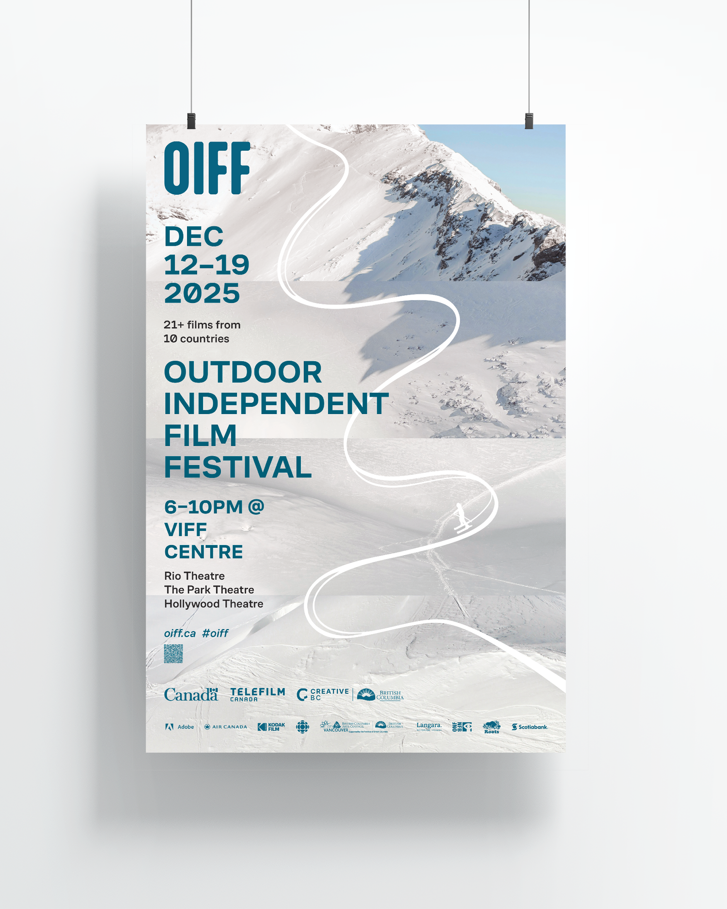 Poster for the Outdoor International Film Festival (OIFF) with a snowy mountain landscape background. Event dates are December 12-19, 2025, at VIFF Centre, featuring over 21 films from 10 countries, from 6 to 10 PM, at the Rio Theatre, The Park Theatre, and Hollywood Theatre. Logos of sponsors and partners are at the bottom.