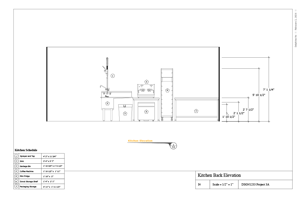 Architectural blueprint of a kitchen back elevation showing measurements and labeled fixtures such as a sink, garbage bin, coffee machine, mini fridge, donut storage shelf, and packaging storage.