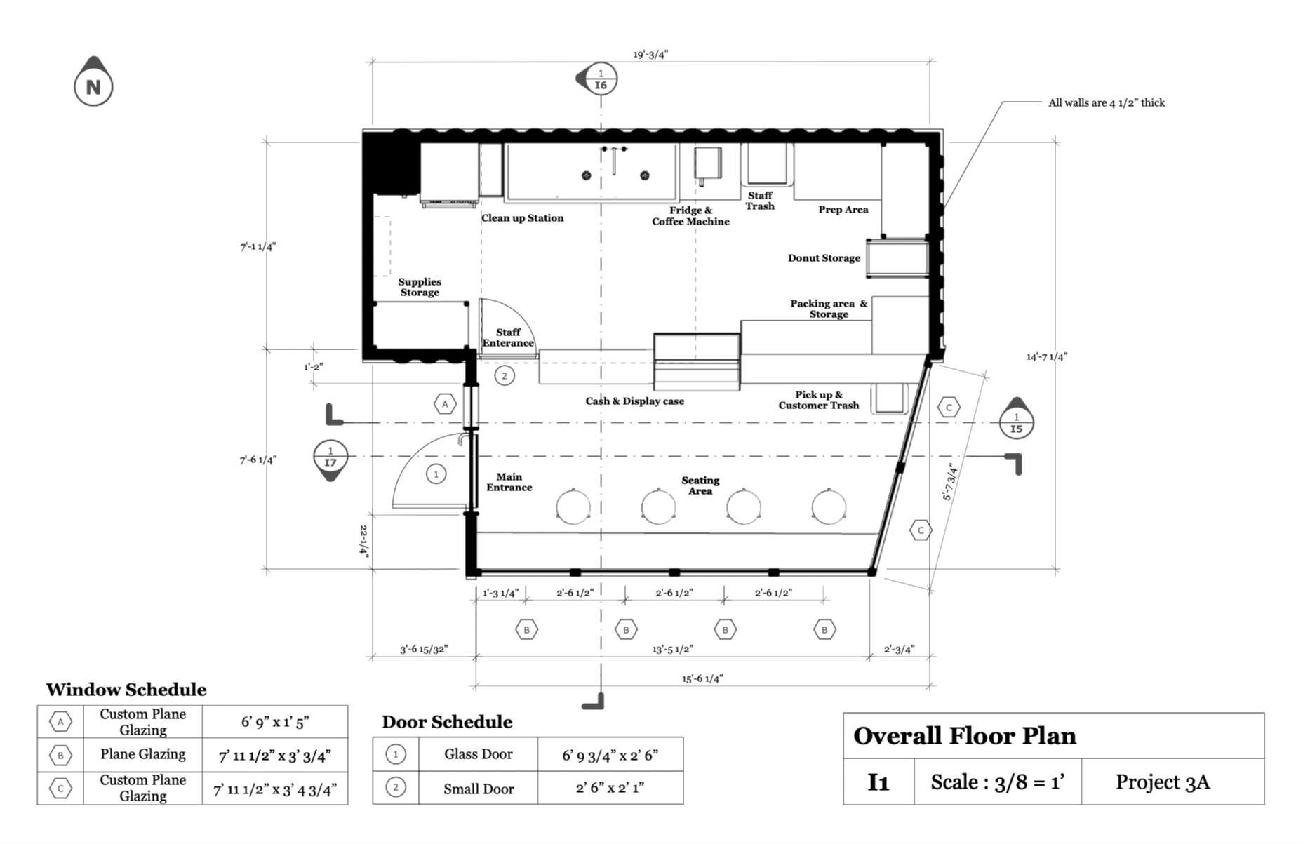 Architectural floor plan of a small building, showing room layouts, measurements, and labels for spaces like main entrance, seating area, supplies storage, prep area, and various storage spaces.