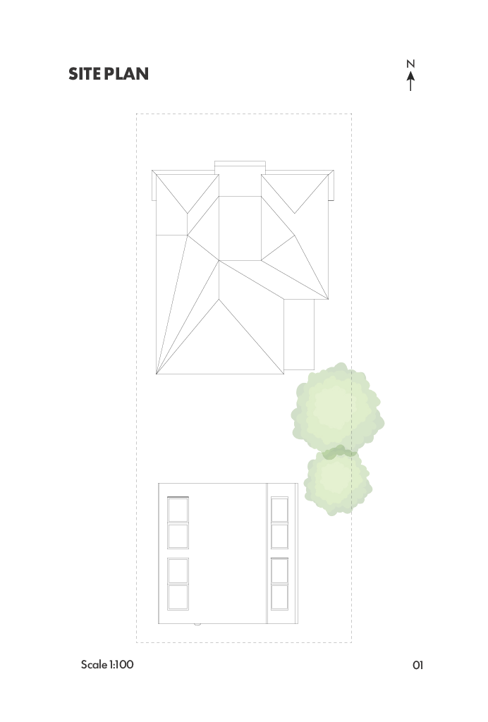 Site plan drawing showing a house with a complex roof, two trees, and a rectangular building or garage at the bottom, with north indicated at the top right.