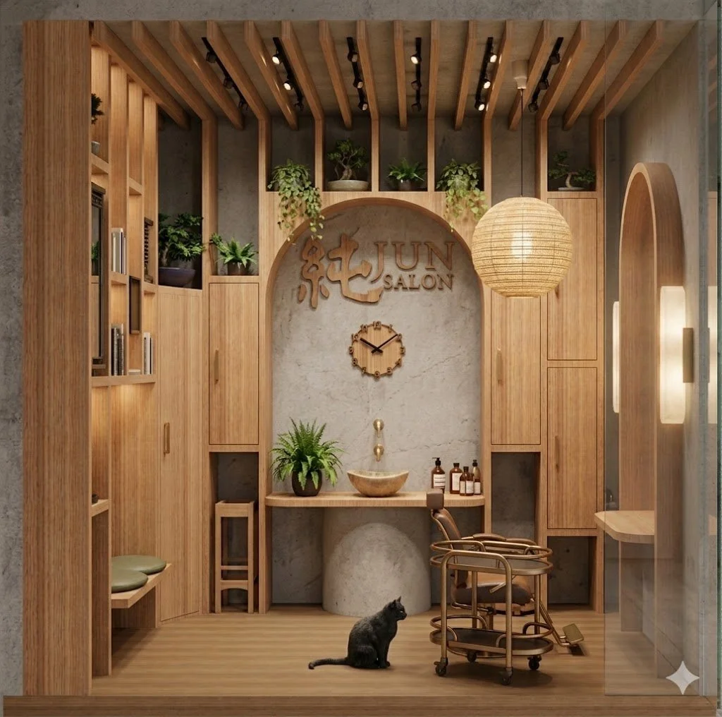Interior of a modern spa or salon with wooden decor, plants, a wall clock, and a black cat sitting on the floor.