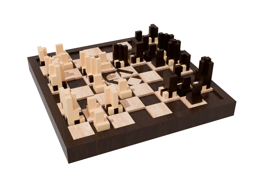 Chessboard with wooden and dark pieces arranged for a game.