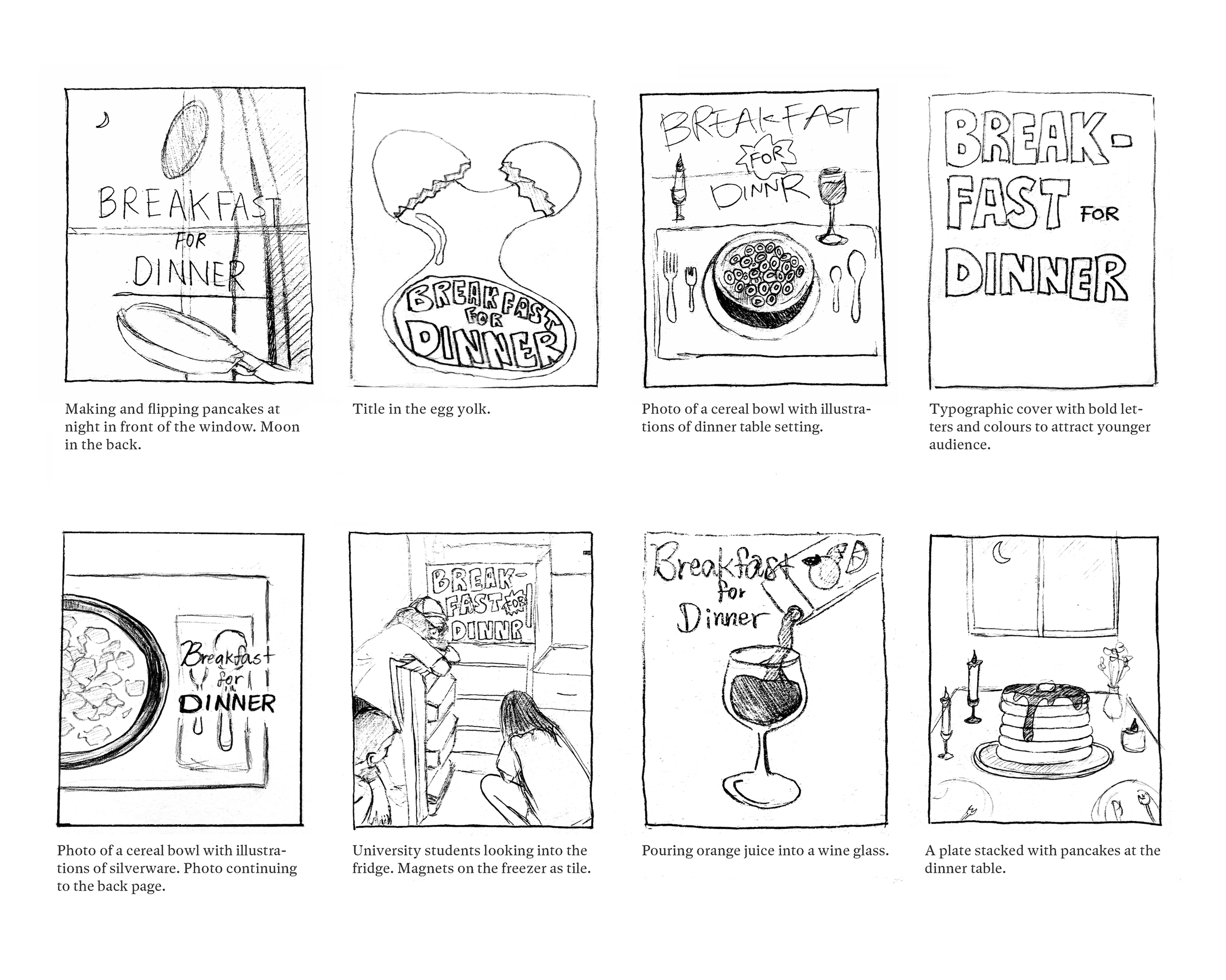 Sketches of signs and scenes related to breakfast and dinner, including a cereal bowl, university students by a fridge, pouring orange juice into a wine glass, and a plate of stacked pancakes.