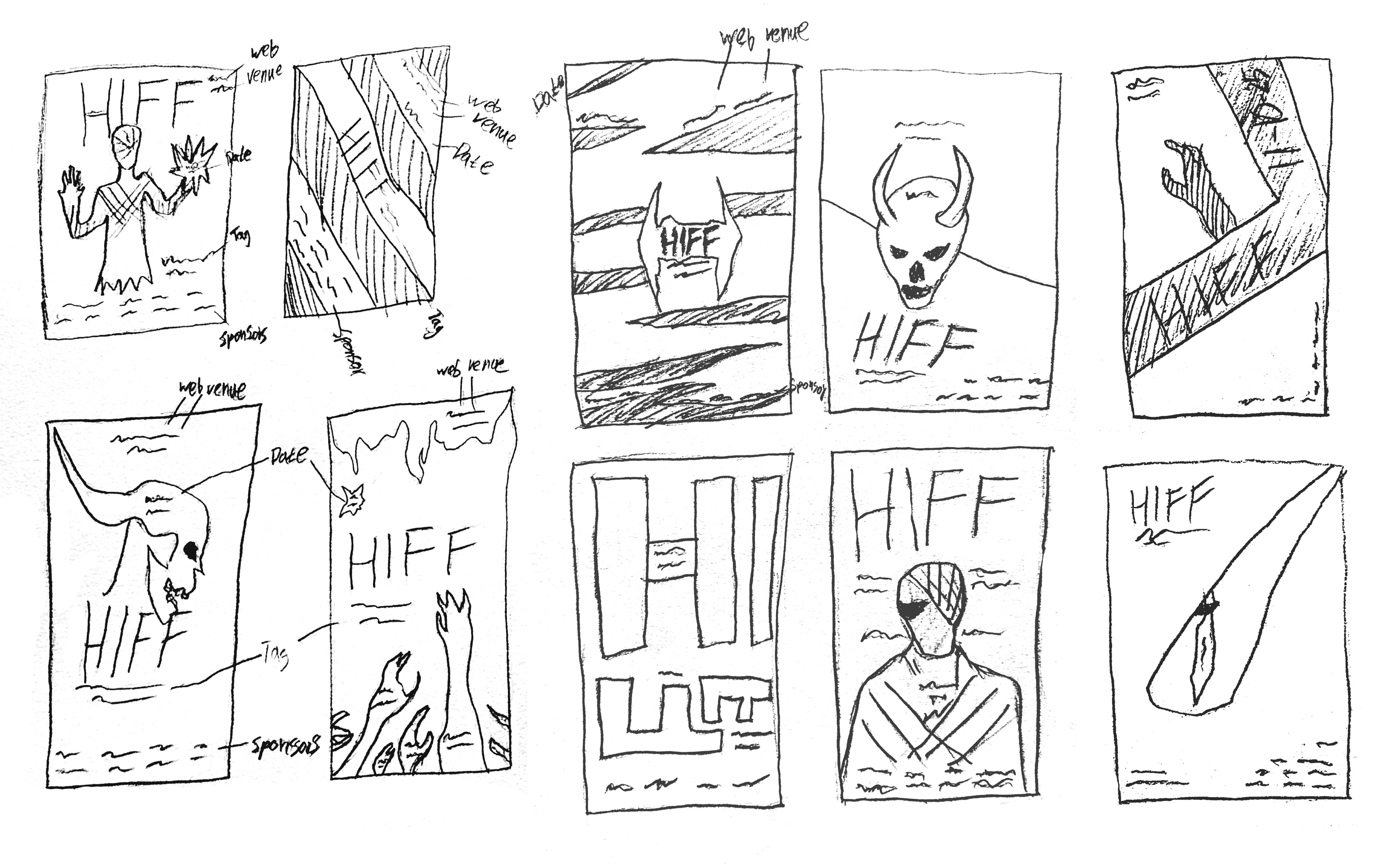 Sketch of different promotional posters and flyers for an event or organization called 'HIFF,' featuring illustrations of a person with a torch, a horned creature, and a person with sunglasses. The posters include labels for 'web,' 'venue,' 'date,' and 'sponsors.'