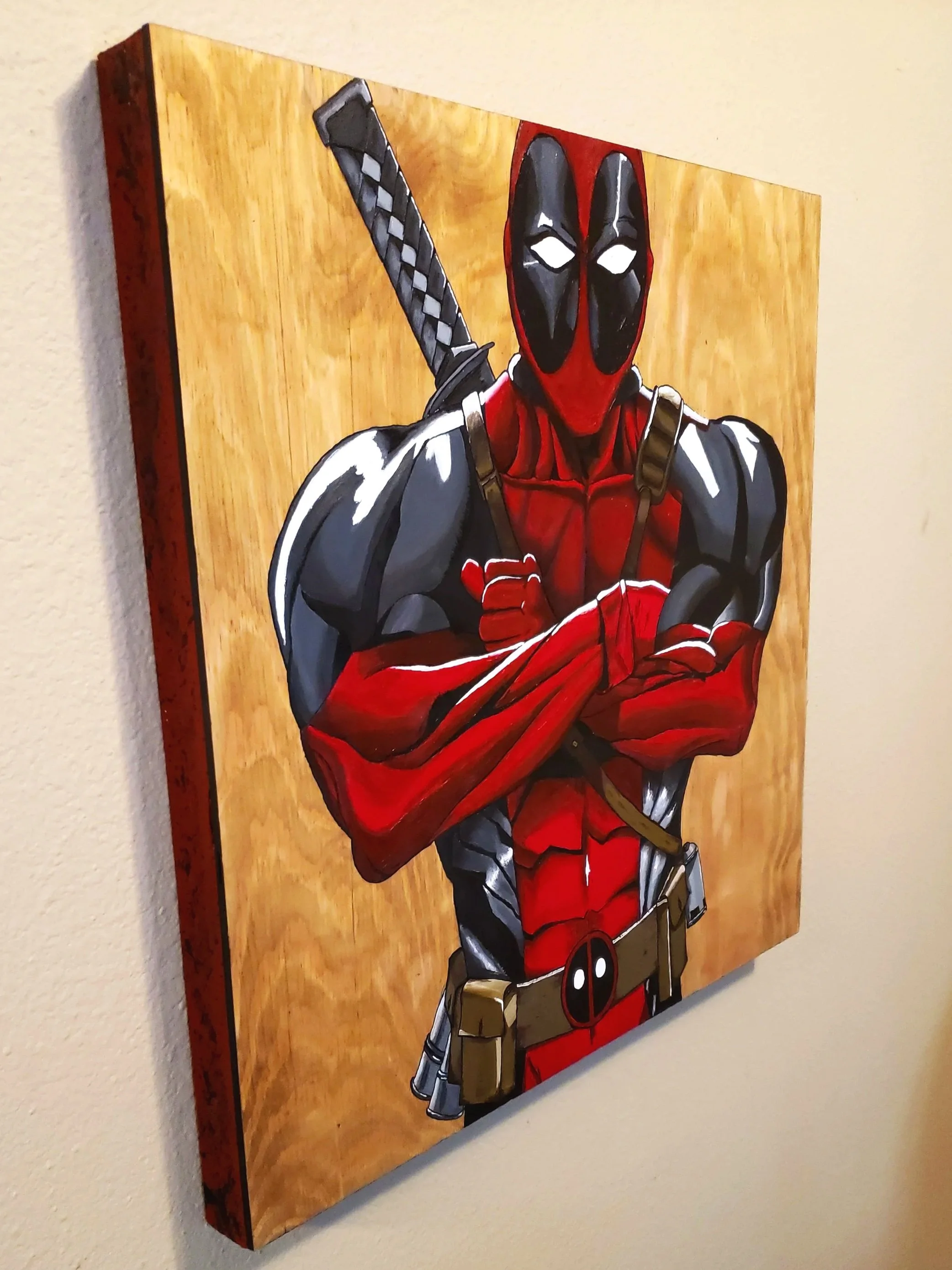 Deadpool acrylic painting on homemade wood panel