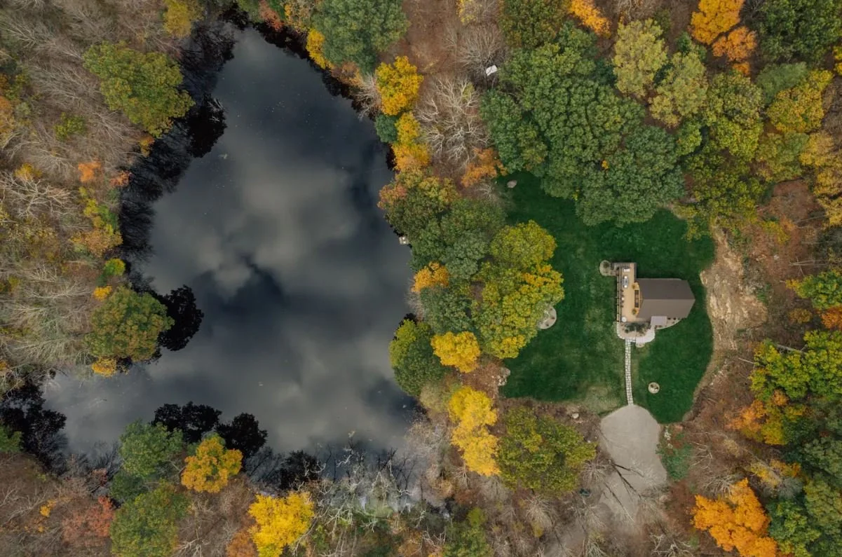 Aerial view of a pond surrounded by trees with autumn foliage and a house with a driveway on the right side.