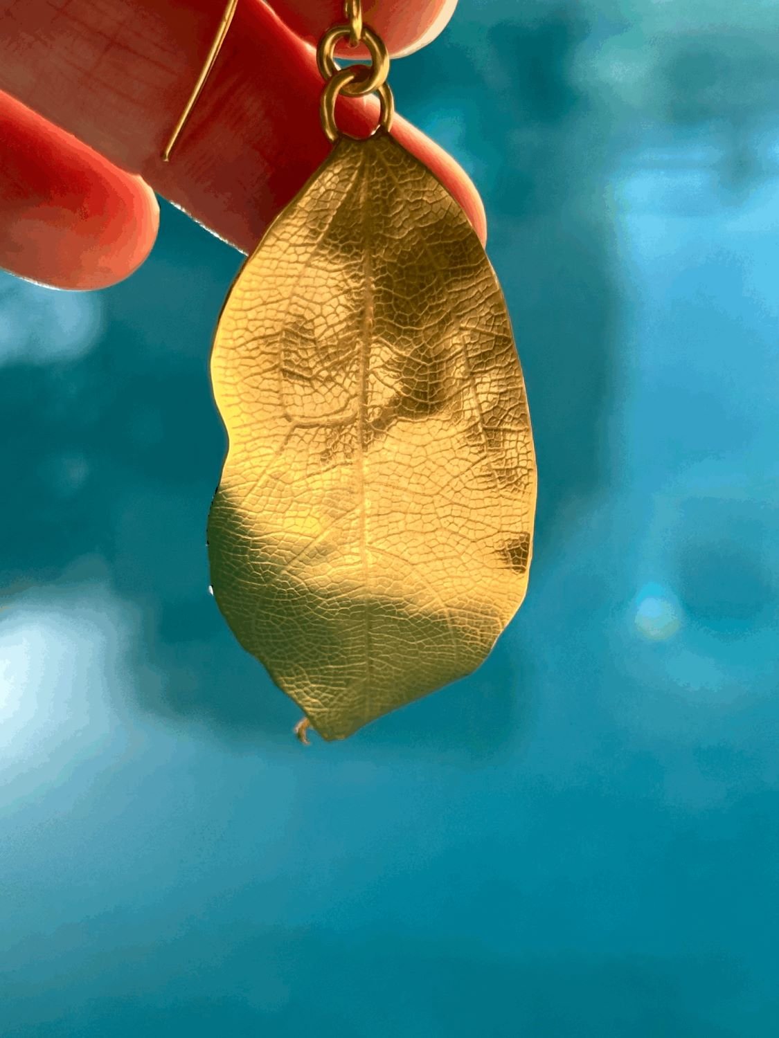 Gold Drop Earring with Impressed Leaf