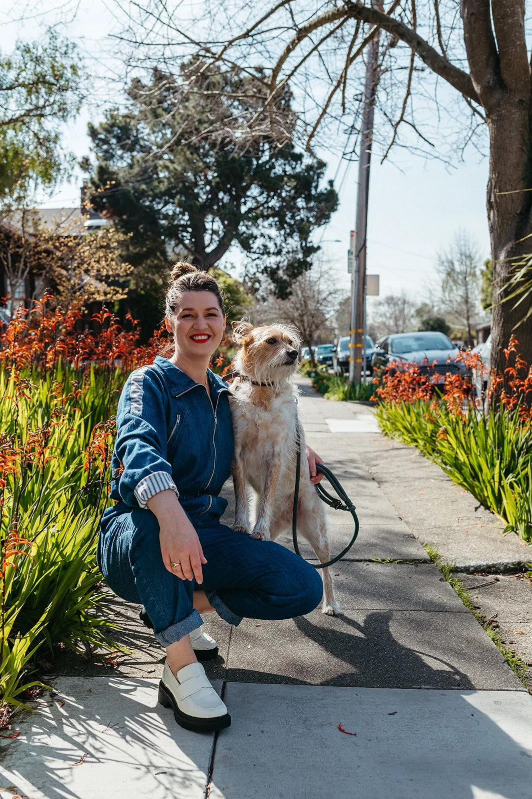 A young woman kneeling on a sidewalk with her dog during a sunny day in a residential neighborhood, with trees and parked cars in the background.