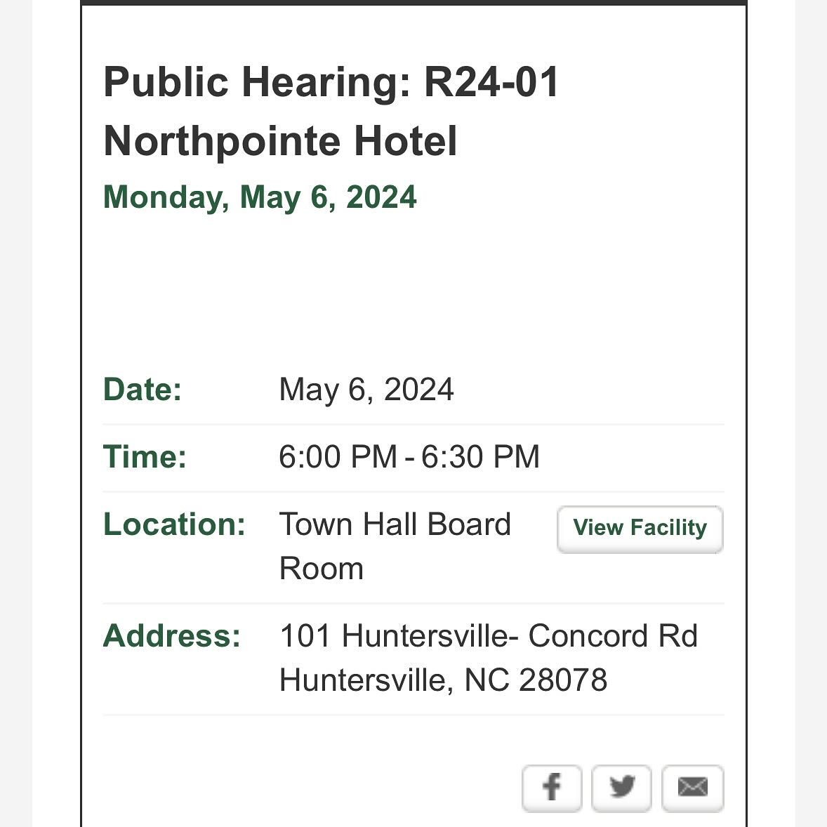 The public hearing for petition R24-01, the proposed Hotel project at Northpoint Executive Park Dr. will be conducted at Monday&rsquo;s Town Board meeting.

There was a lot of attendance at the community meeting, and I want to make sure residents kno