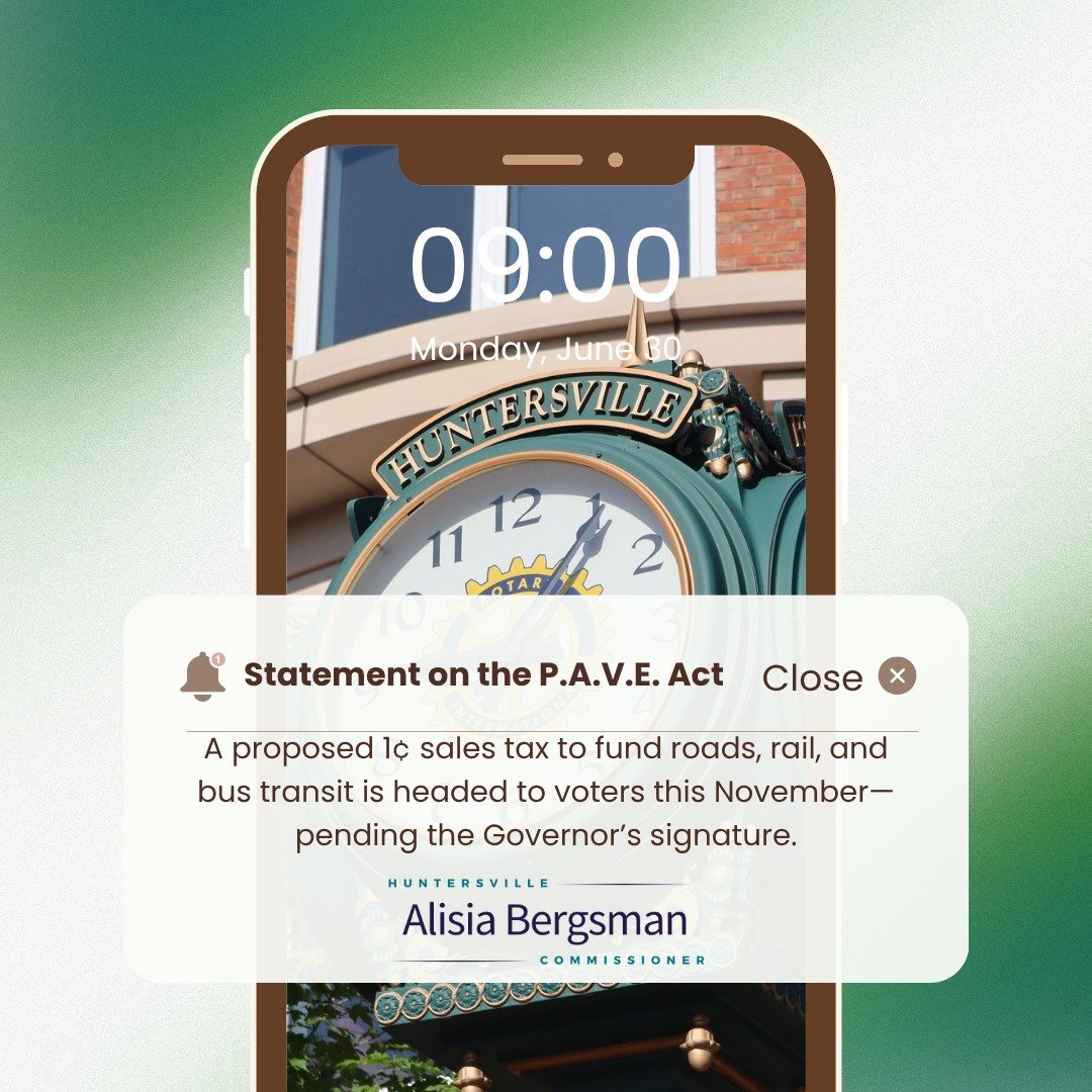 🛤️ Statement on the P.A.V.E. Act
As Mecklenburg County prepares for a possible November referendum on the proposed 1-cent sales tax under the P.A.V.E. Act, here’s what residents should know—and what I believe we must keep in mind.
✅ Wh