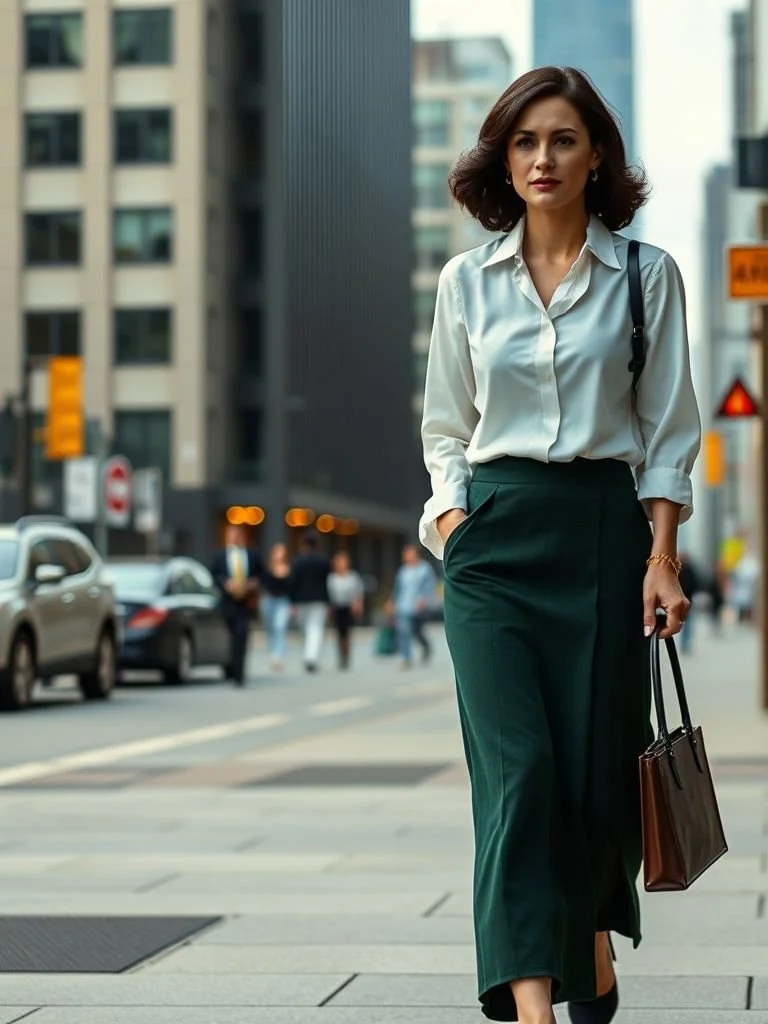 A relaxed, confident professional woman walking to work, symbolizing balance, high performance, and personal wellbeing.