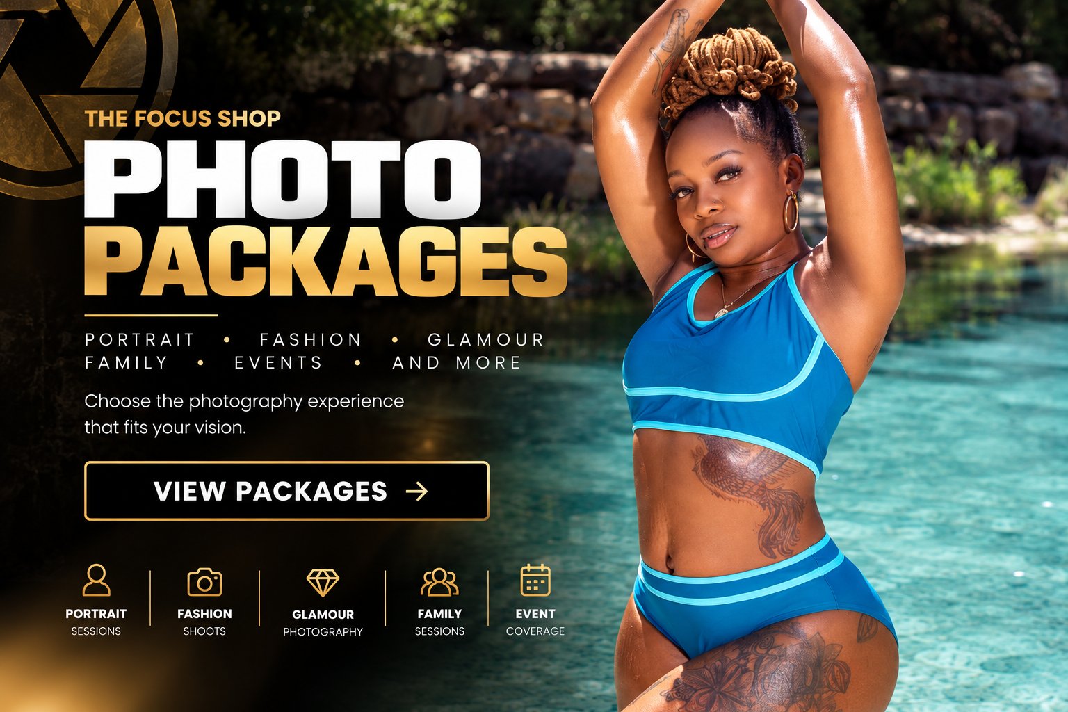 A woman in a blue swimsuit standing near a body of water with trees in the background, advertising photo packages.