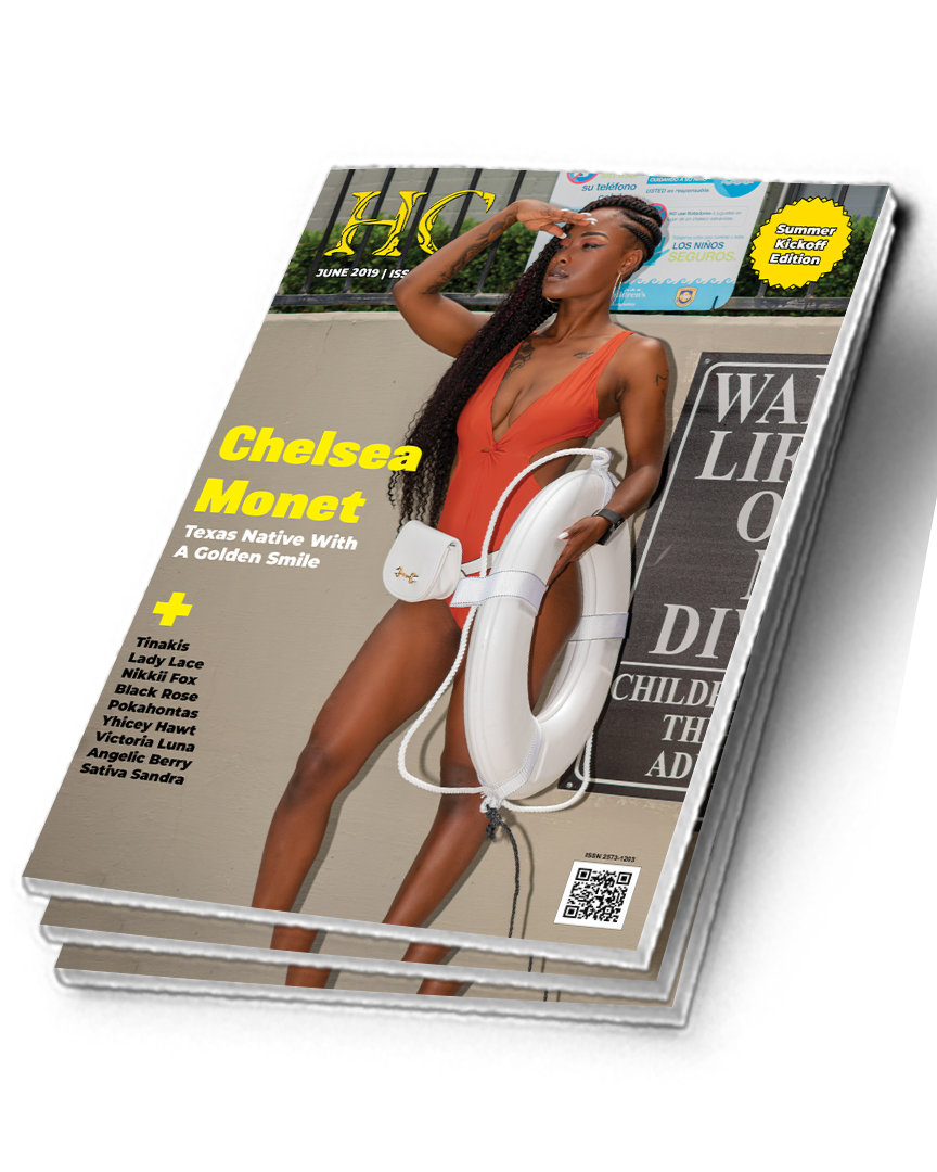 A magazine cover featuring a woman in a red swimsuit holding a white lifebuoy, saluting in front of a lifeguard tower with a sign and trees in the background.