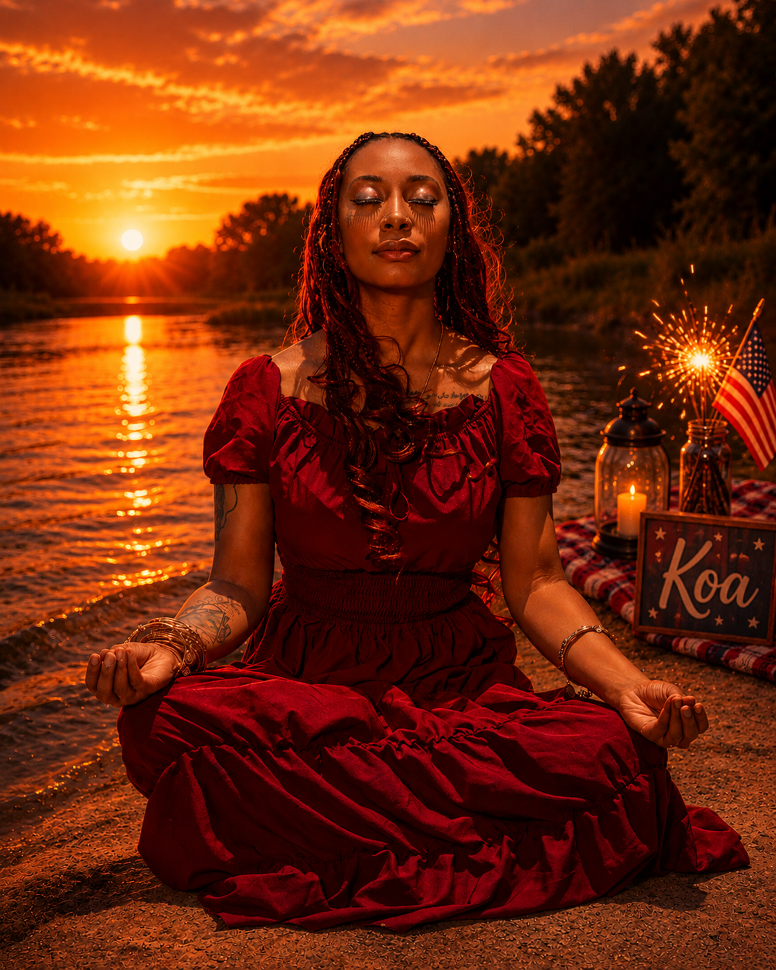 A woman in a red dress meditating on a sandy riverbank at sunset with a decorated picnic setup including a lantern, candle, fireworks, and an American flag.