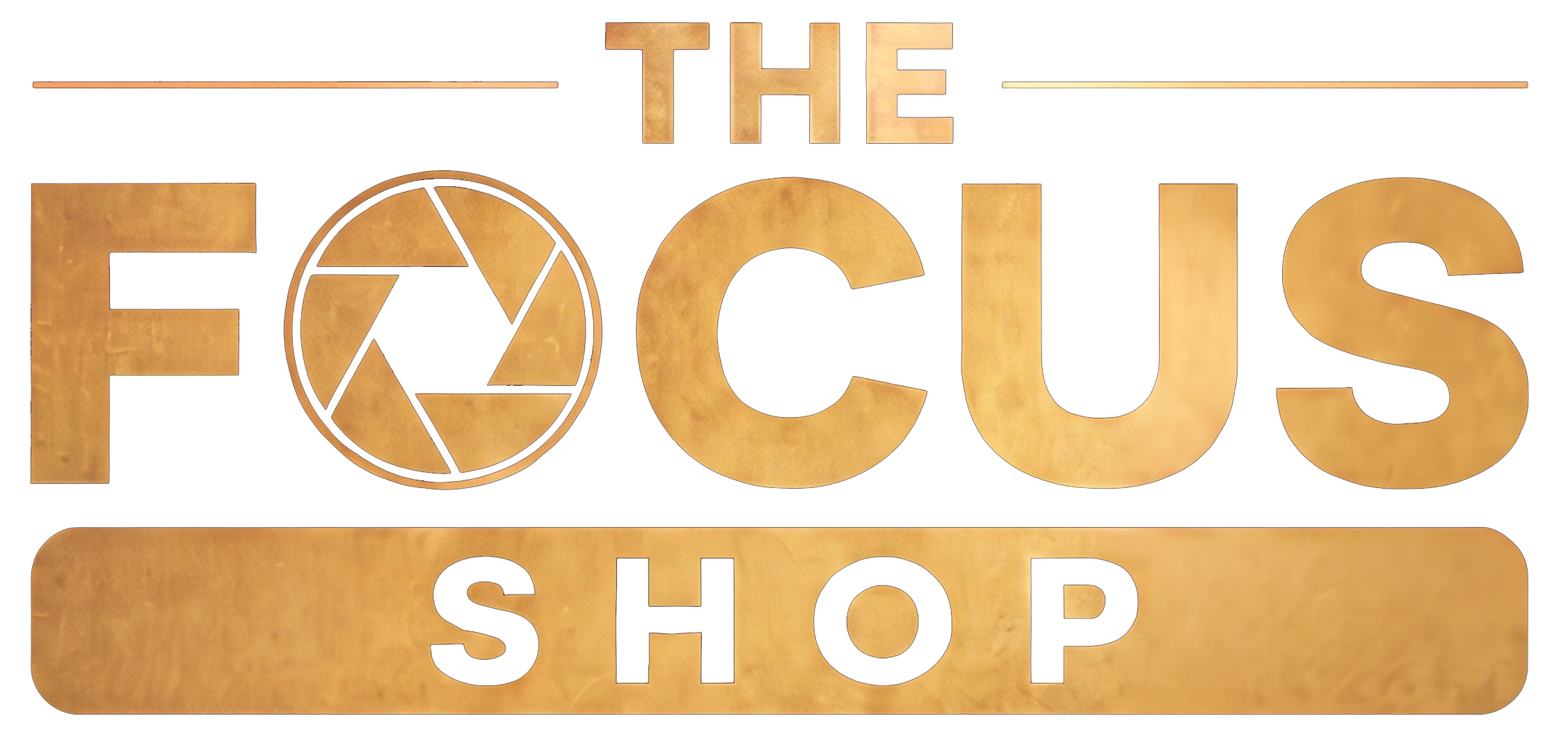 Sign with the text 'The Focus Shop' in gold and black colors, featuring a small logo of a target with rays inside a circle and the words 'Focus Shop' below.