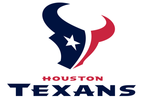 Houston Texans logo featuring a stylized bull's head in navy blue, red, and white with a star design, and the text 'Houston Texans' below in bold navy blue and red letters.
