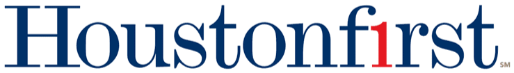 Houston First logo with text in dark blue and a small red number 1