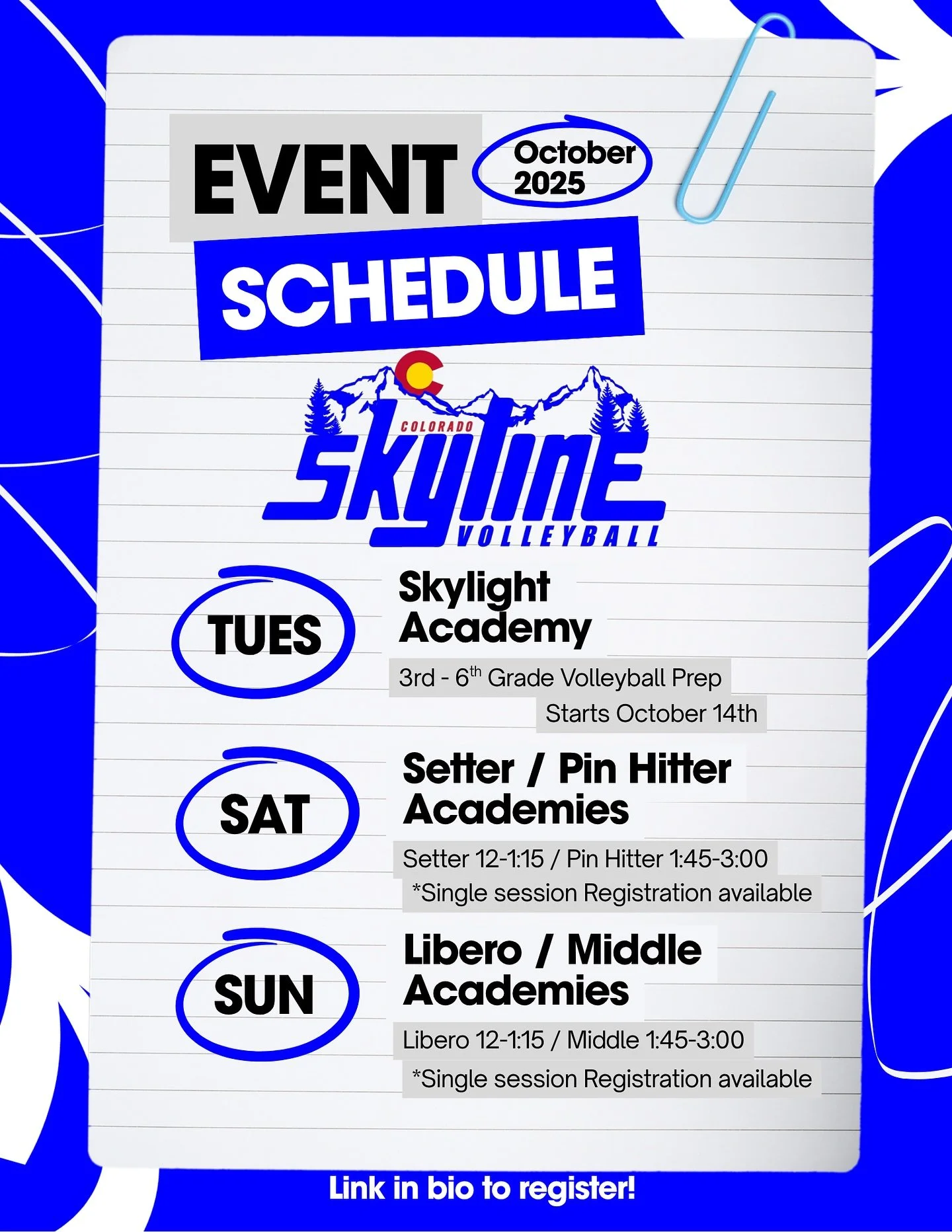 𝕆𝕔𝕥𝕠𝕓𝕖𝕣 𝔼𝕧𝕖𝕟𝕥𝕤

Tuesdays - starting October 14th we will have our Skylights Academy. This is for athletes in 3rd-6th grade.

Saturdays - Setter / Pin Hitter Academies, single session registration still available.

Sundays - Libero / Midd