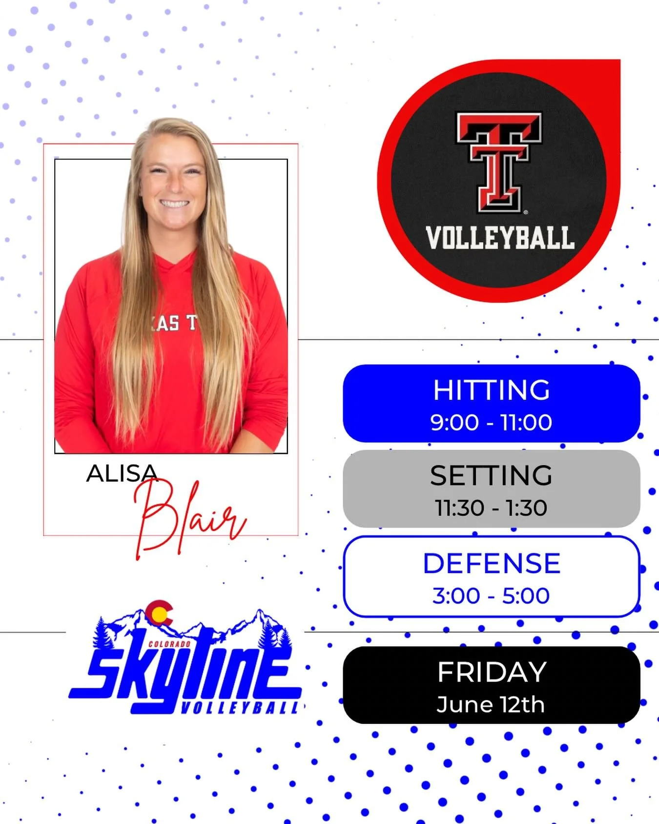 🚨🏐BIG camp opportunity 🚨🏐
Come train with Alisa Blair, Associate Head Coach &amp; Recruiting Coordinator for Texas Tech this summer! Elite training, and a chance to level up your game. Register now, link in bio!
